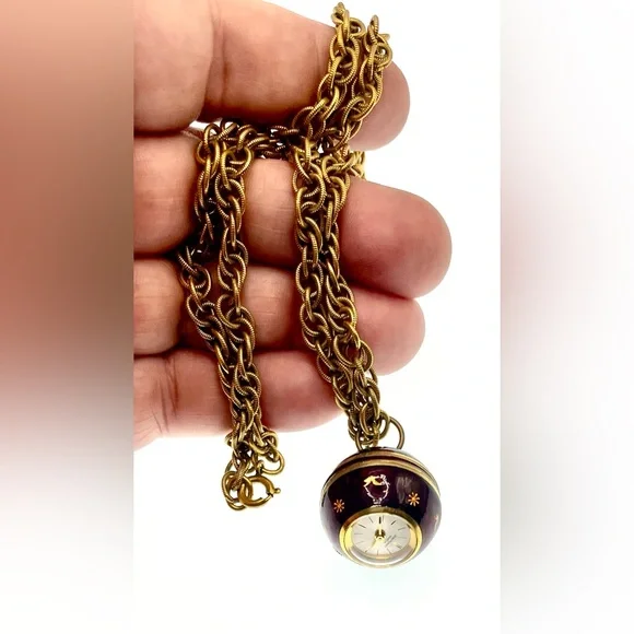 Vintage 1960s Signed Jean Perret Gold Tone Red Enamel Orb Necklace Watch Working - Picture 5 of 14